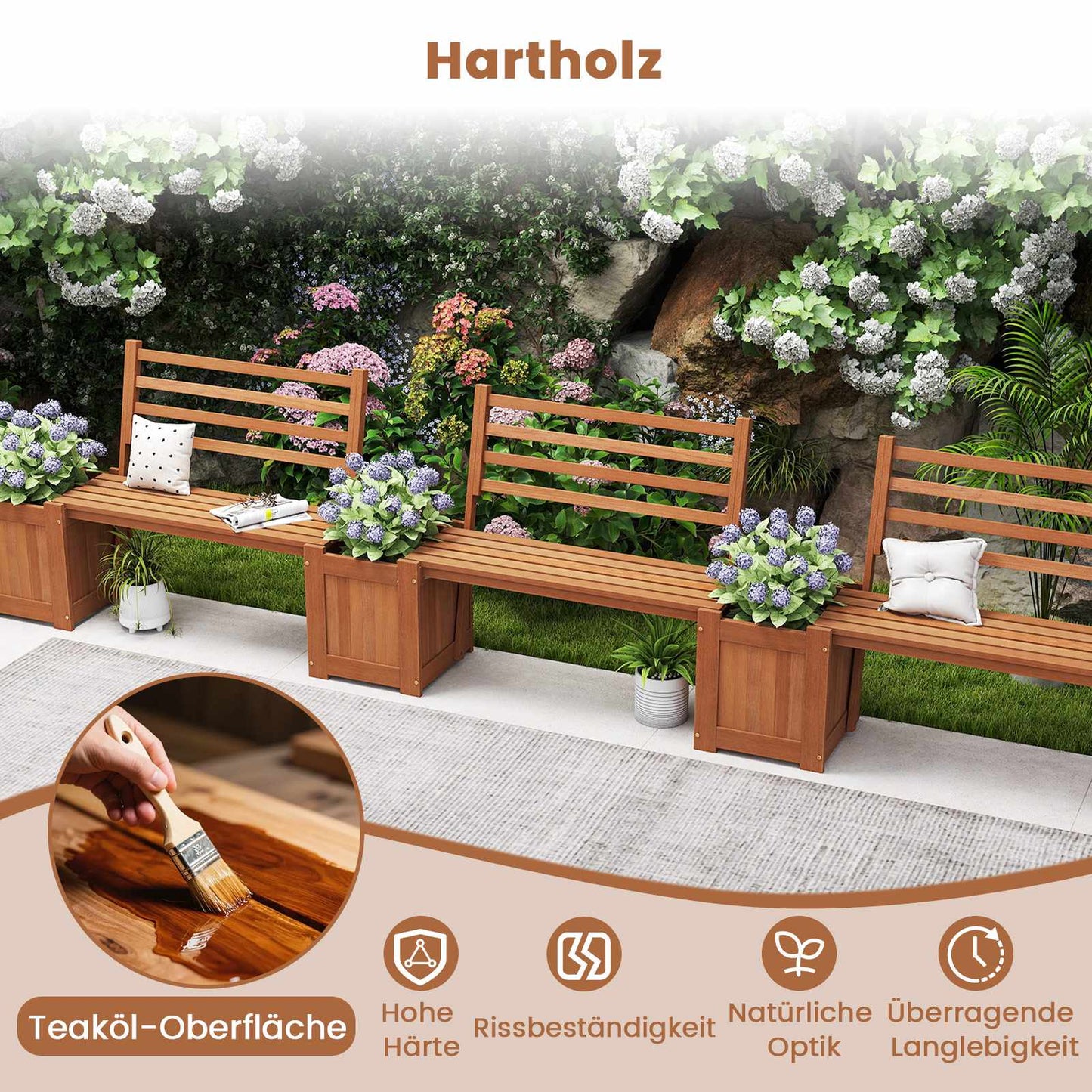 Outdoor Wooden Planter Bench with Backrest and 2 Boxes