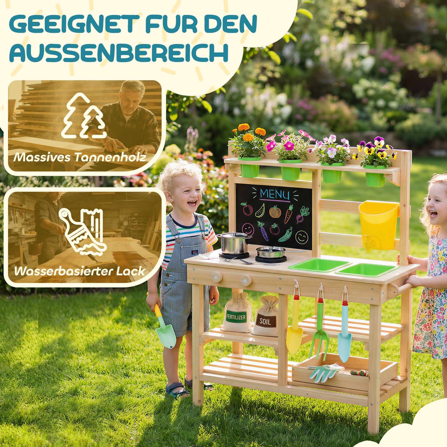 Outdoor Wooden Play Kitchen for Kids with Sink and Pots