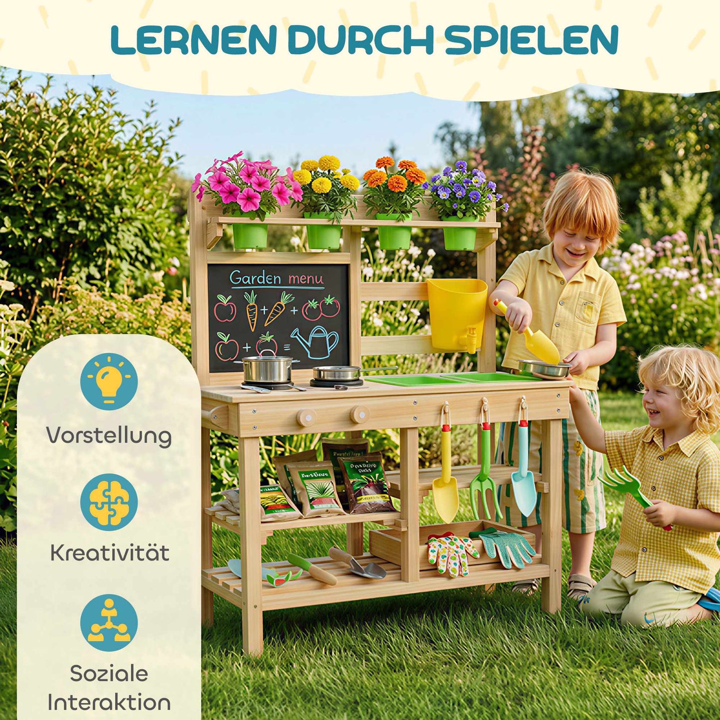Outdoor Wooden Play Kitchen for Kids with Sink and Pots