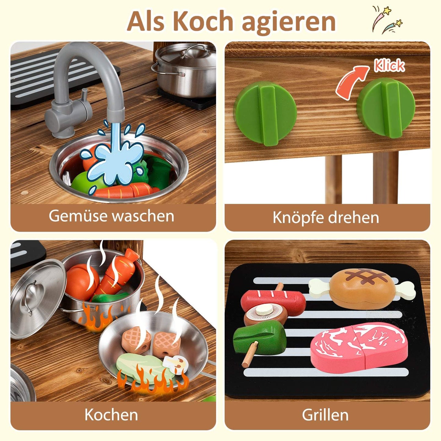 Outdoor Wooden Play Kitchen with Sink & Blackboard
