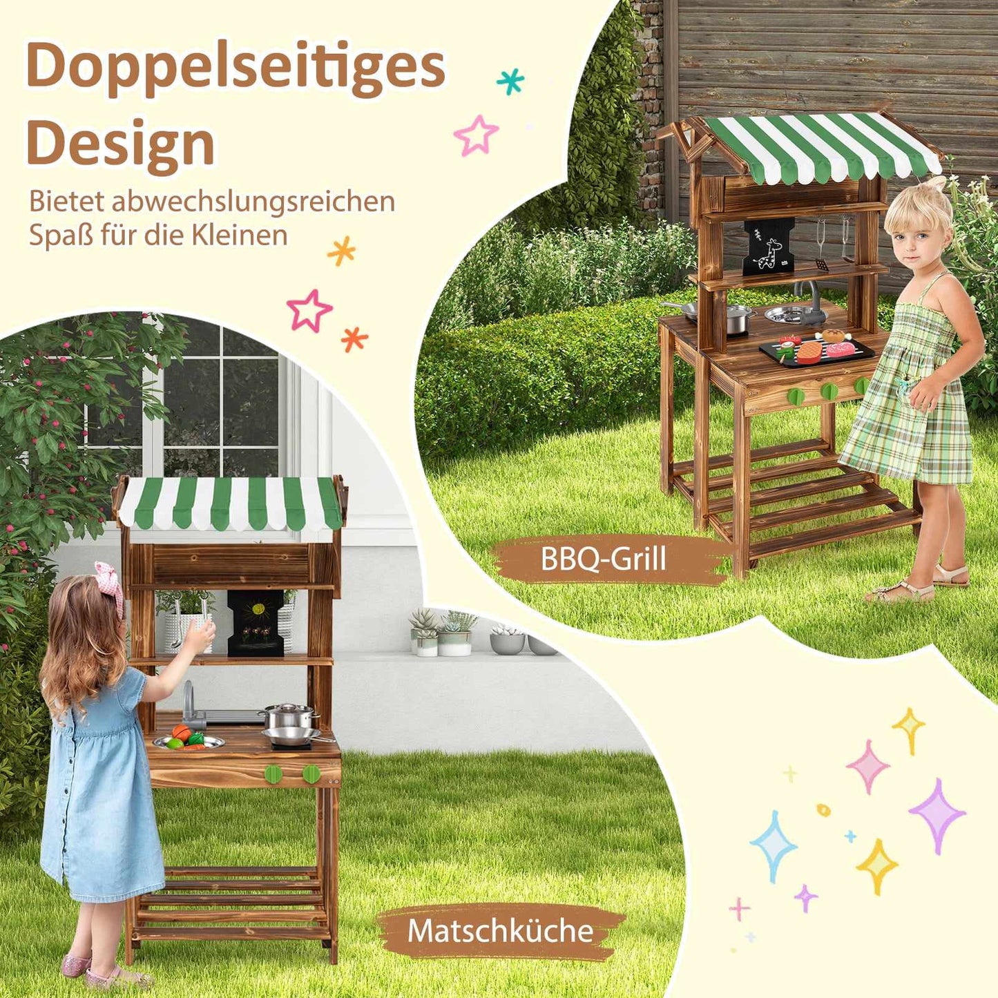 Outdoor Wooden Play Kitchen with Sink & Blackboard