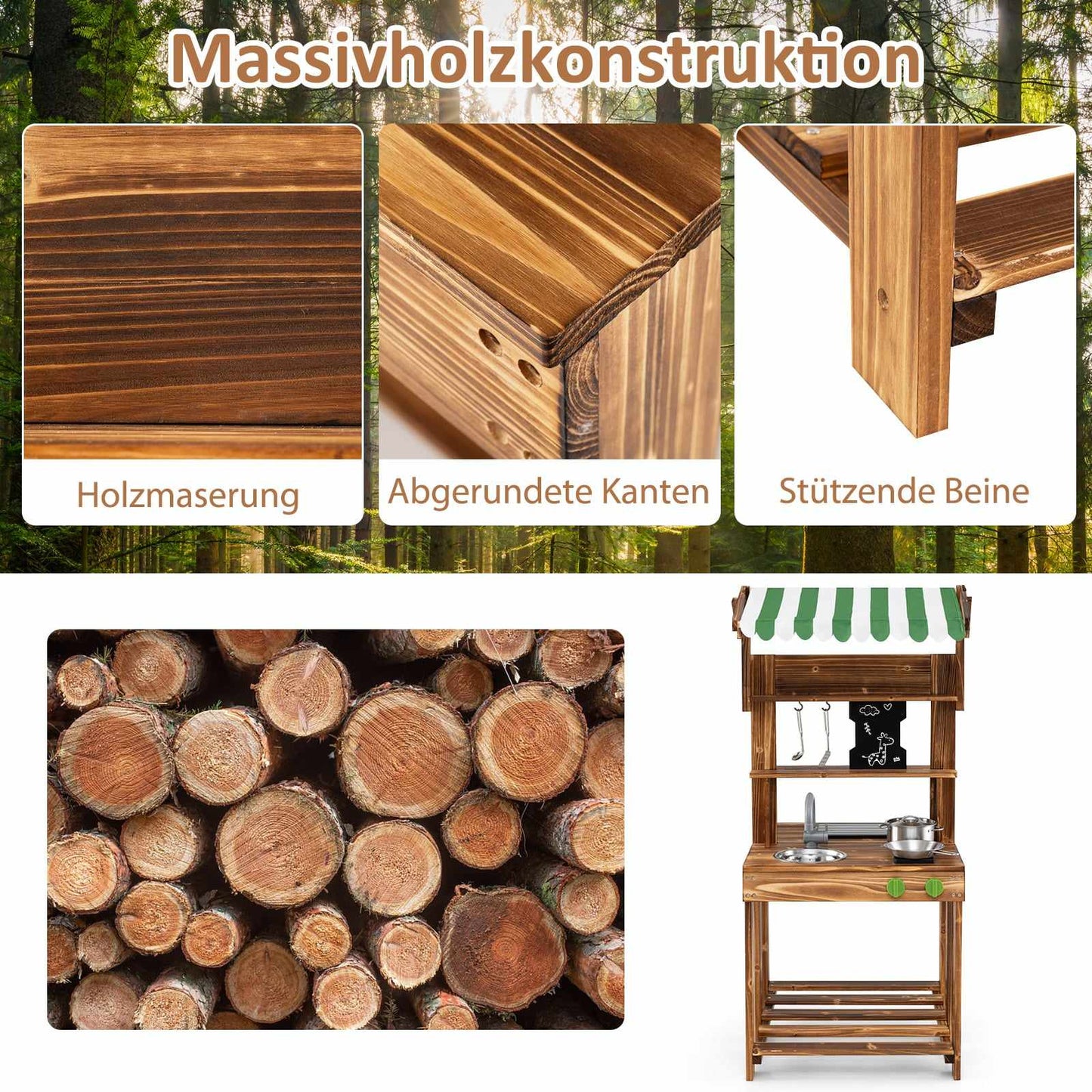 Outdoor Wooden Play Kitchen with Sink & Blackboard