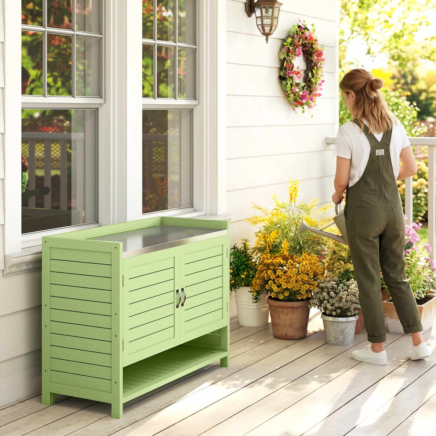 Outdoor Wooden Potting Bench with Storage, Green, 88x40x70.5 cm