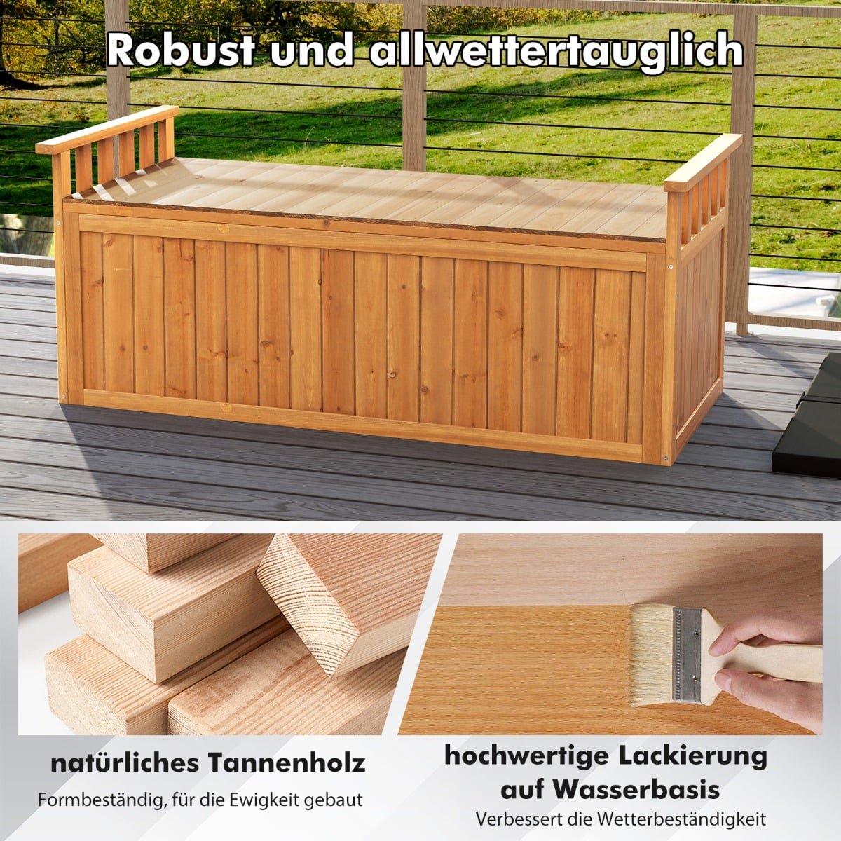 Outdoor Wooden Storage Bench, 2-Seater with Armrests