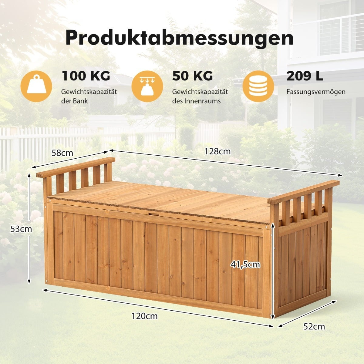 Outdoor Wooden Storage Bench, 2-Seater with Armrests