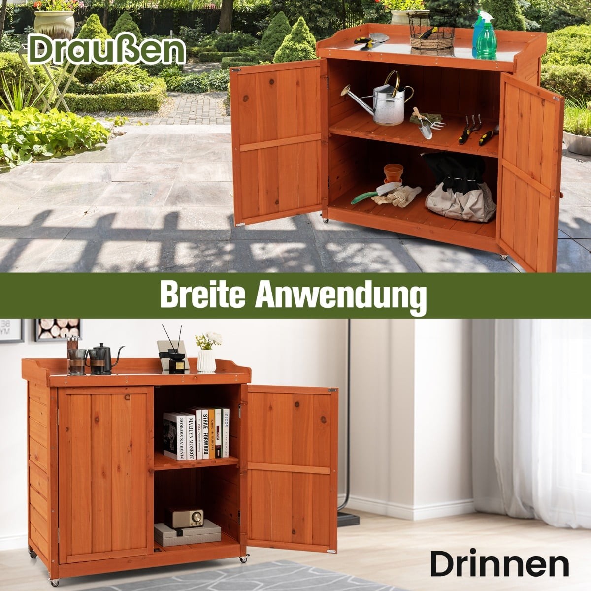 Outdoor Wooden Storage Cabinet with Wheels, Weatherproof