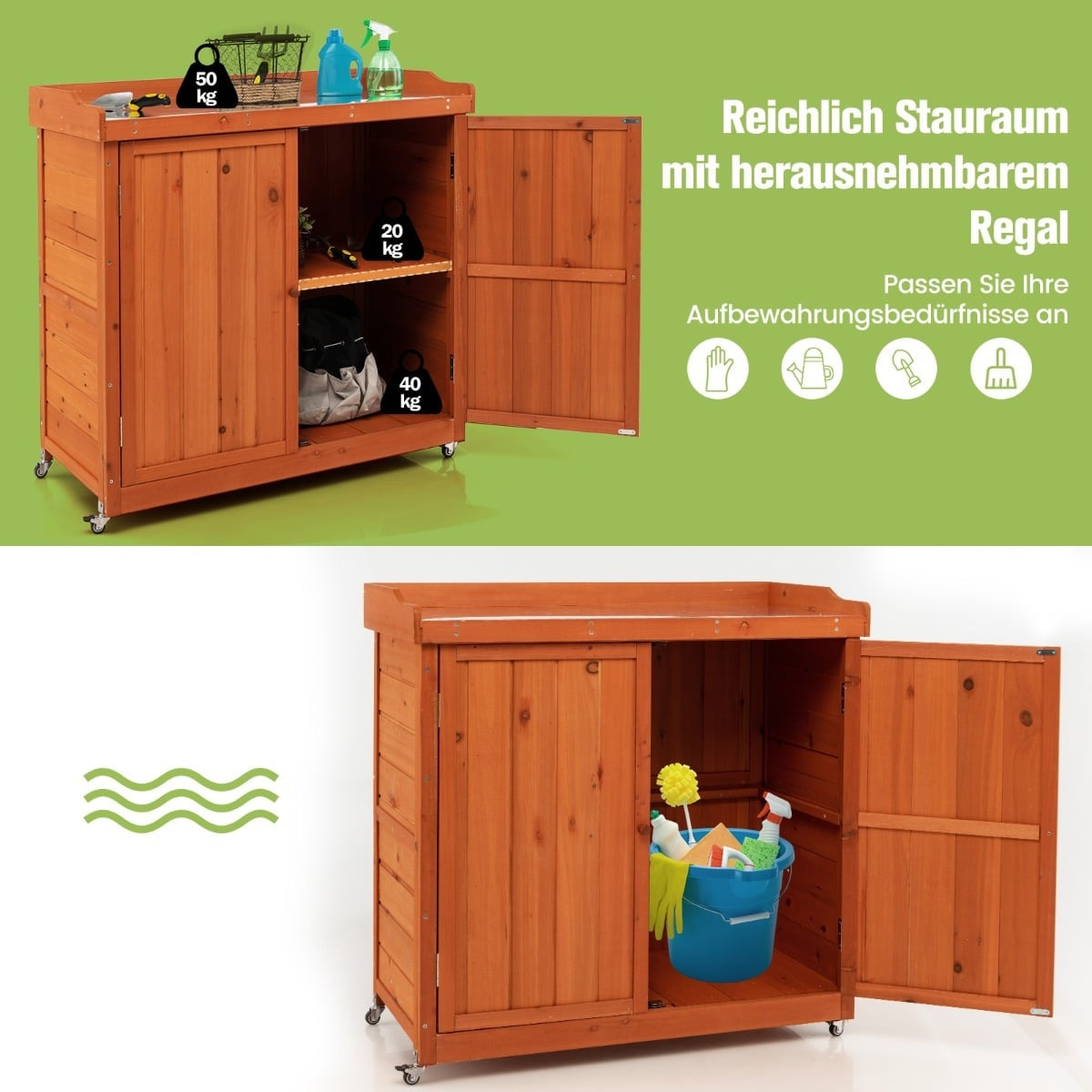 Outdoor Wooden Storage Cabinet with Wheels, Weatherproof