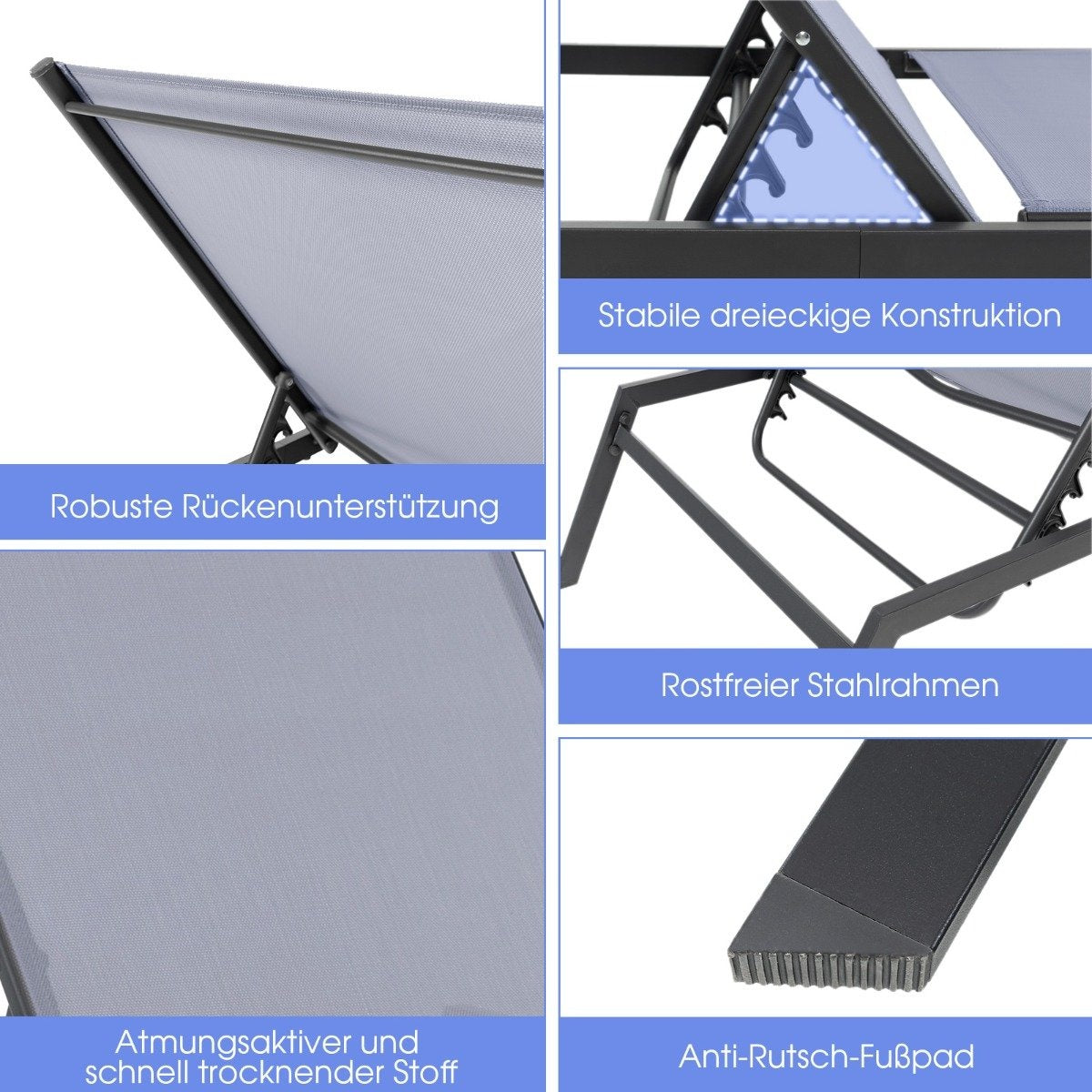 Outdoor adjustable deck chair with flat lying position and quick-drying fabric