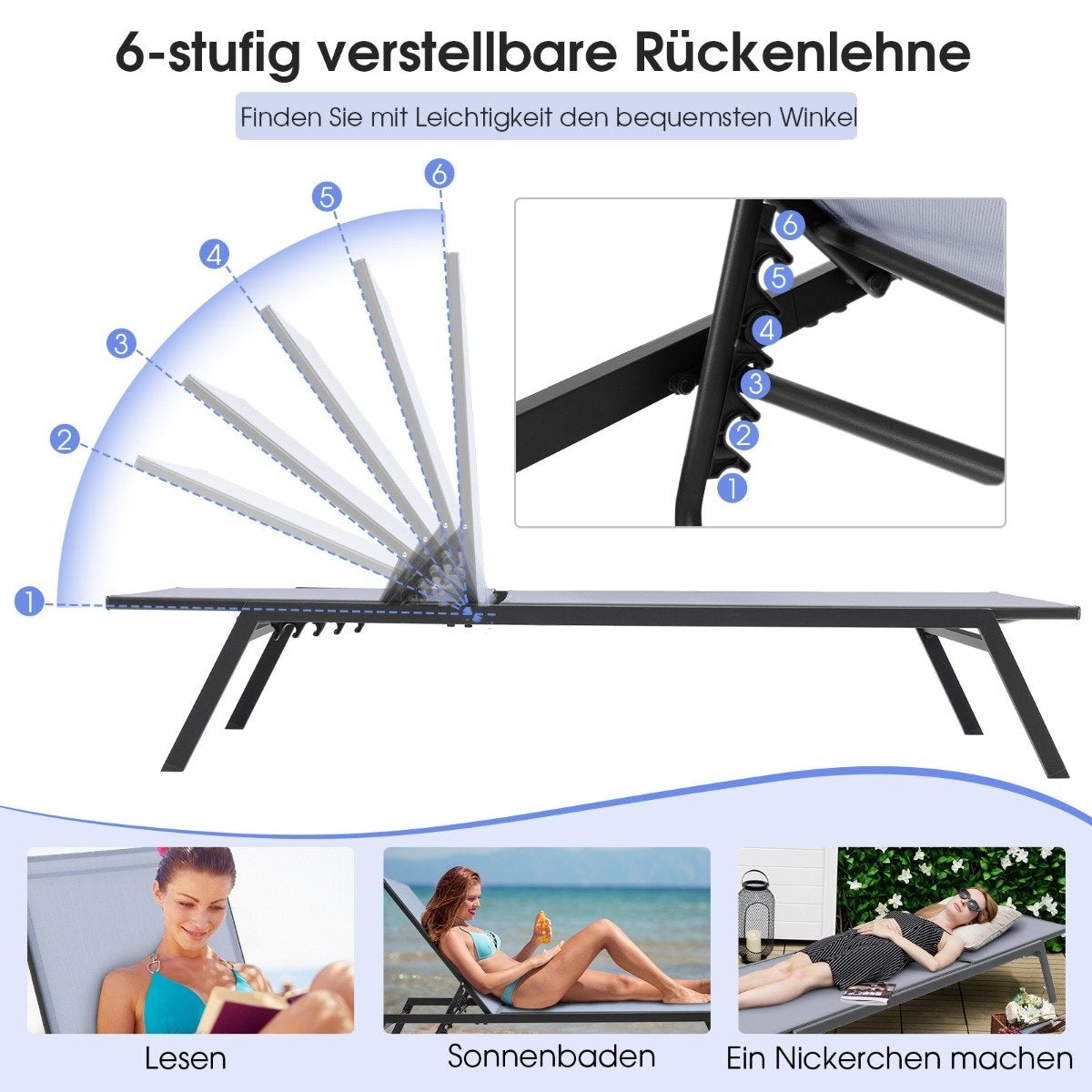 Outdoor adjustable deck chair with flat lying position and quick-drying fabric