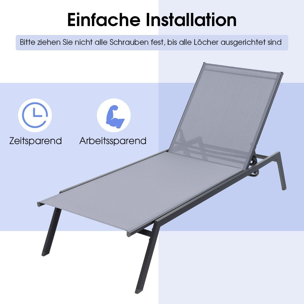 Outdoor adjustable deck chair with flat lying position and quick-drying fabric