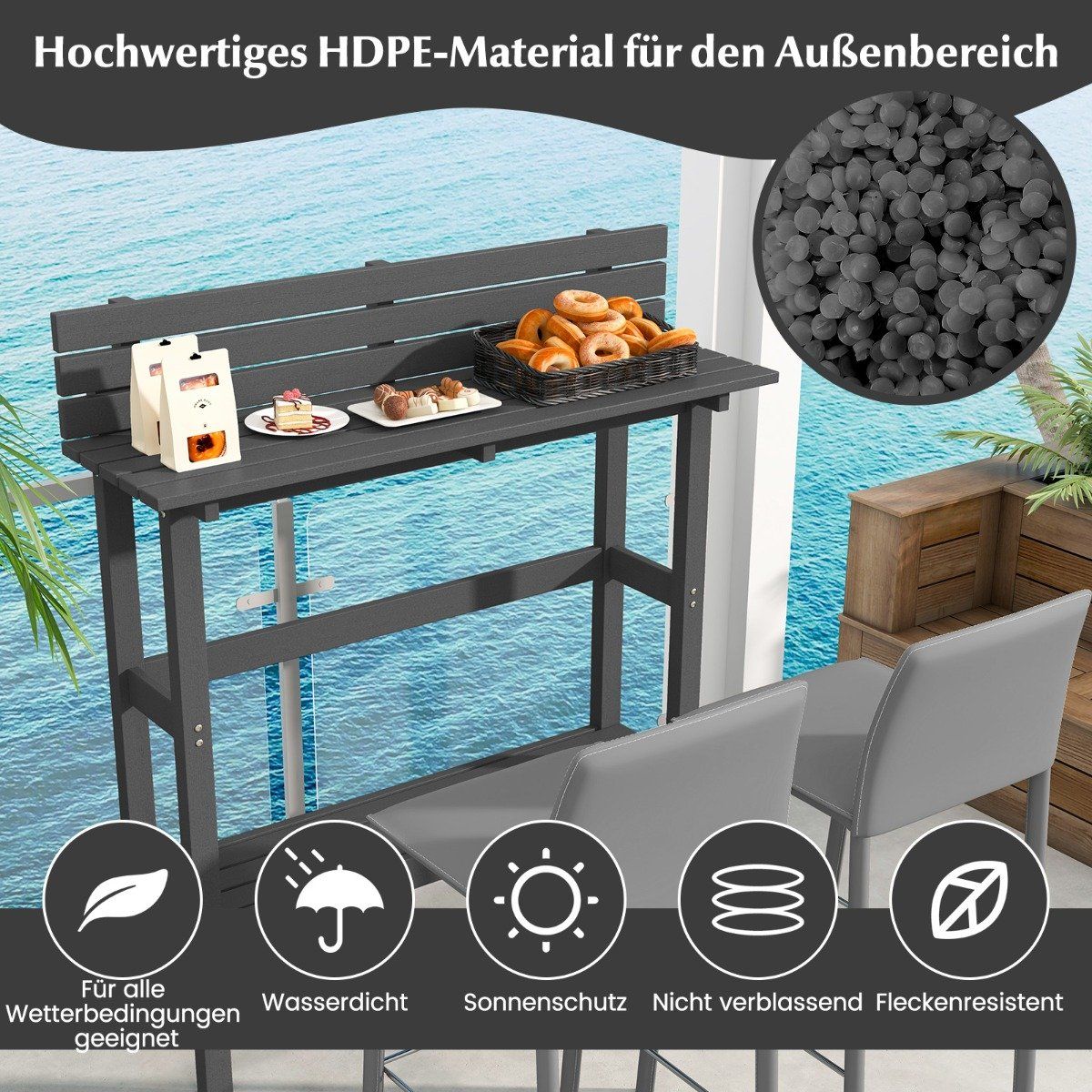 Outdoor bar table with shelf & adjustable foot pads patio high table 122 x 39 x 136 cm gray