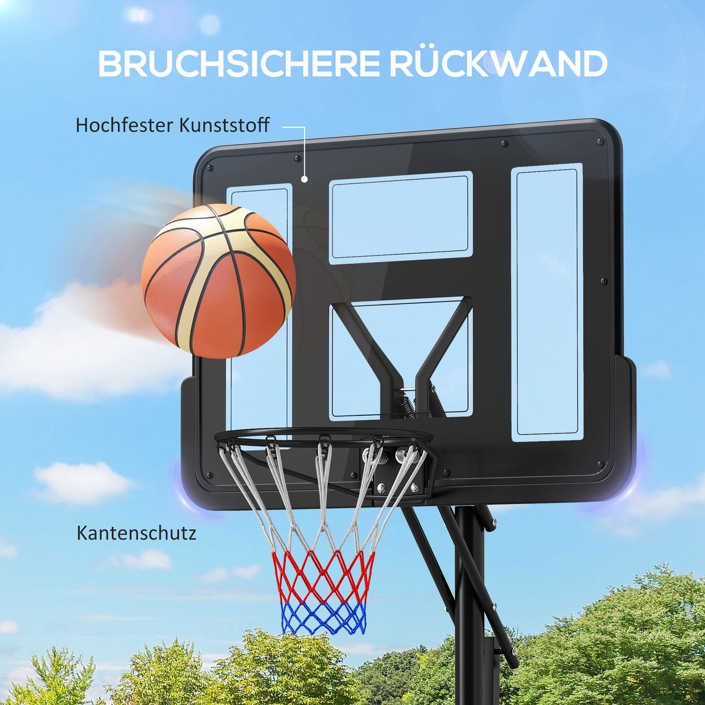 Adjustable outdoor basketball hoop with wheels, 230-305 cm