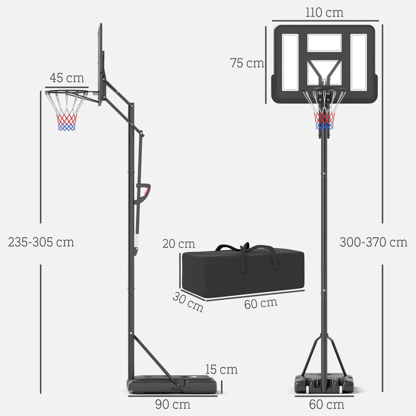 Adjustable outdoor basketball hoop with wheels, 230-305 cm