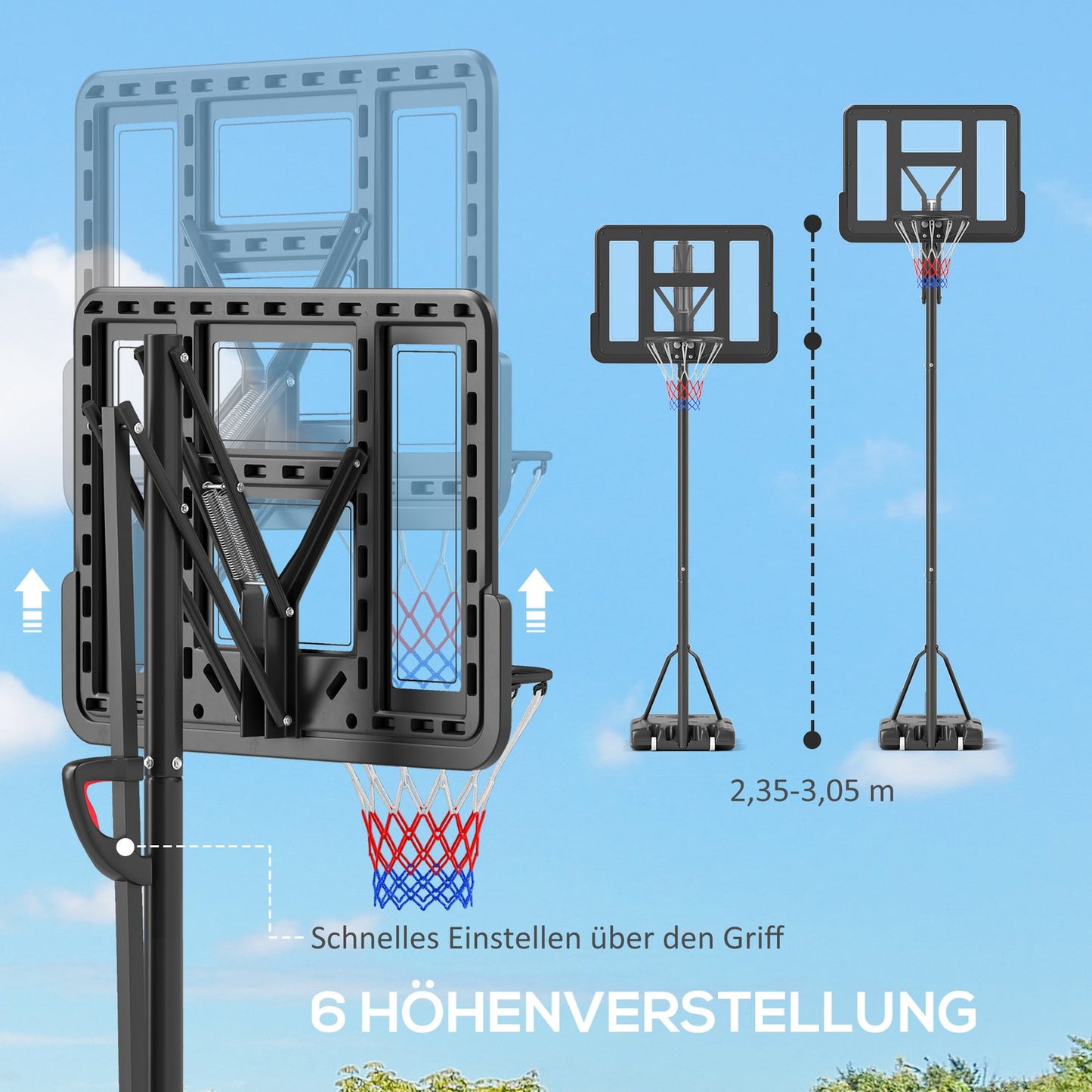 Adjustable outdoor basketball hoop with wheels, 230-305 cm