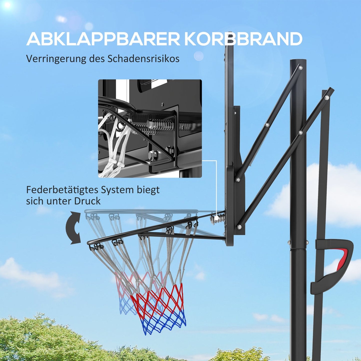 Adjustable outdoor basketball hoop with wheels, 230-305 cm