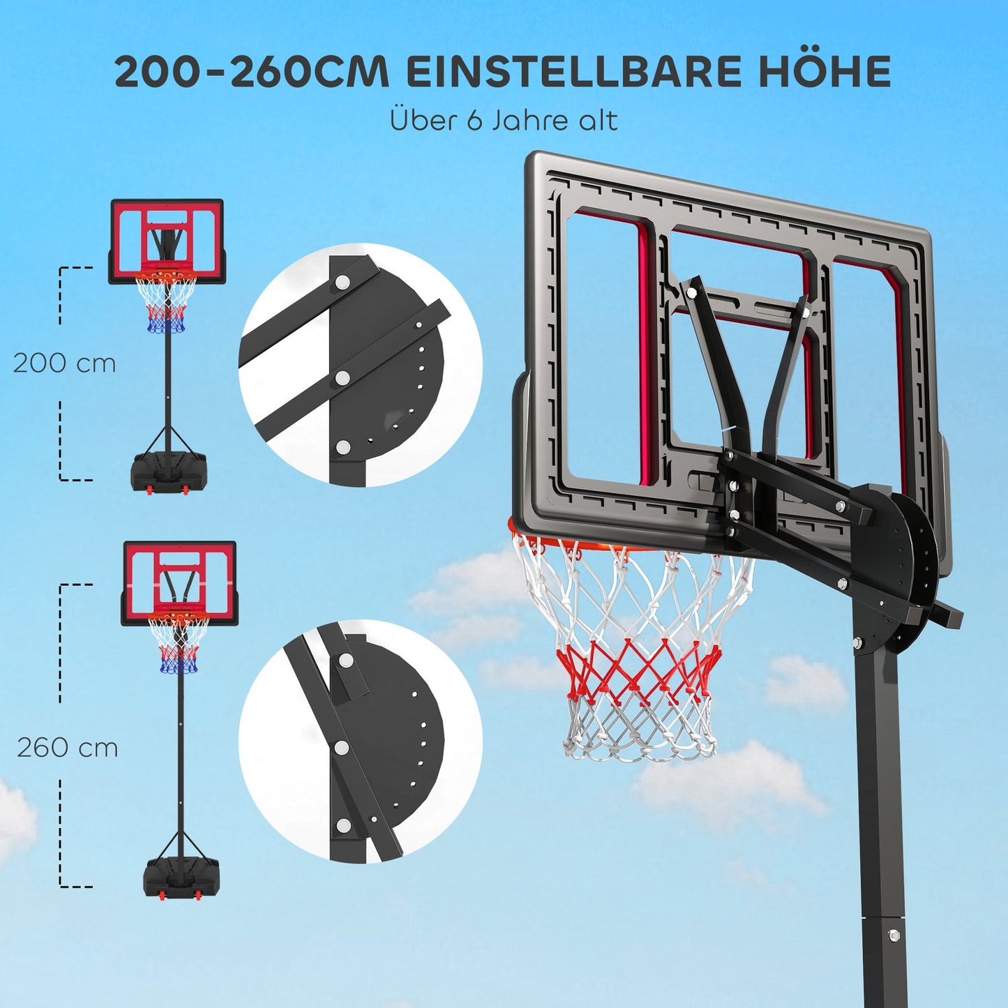 Adjustable outdoor basketball hoop for children, 200-260 cm