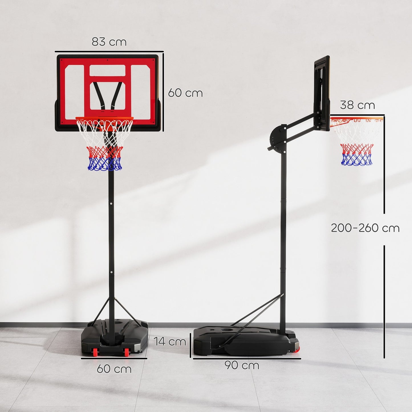 Adjustable outdoor basketball hoop for children, 200-260 cm