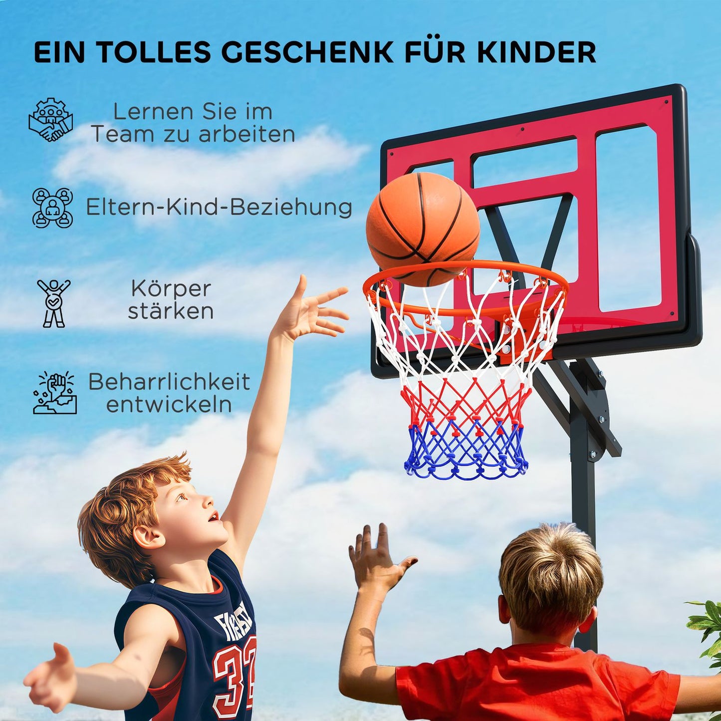 Adjustable outdoor basketball hoop for children, 200-260 cm