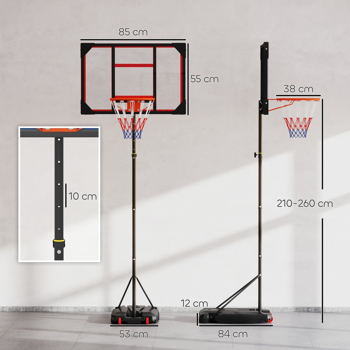 Adjustable basketball hoop for children, 210-260 cm, with wheels