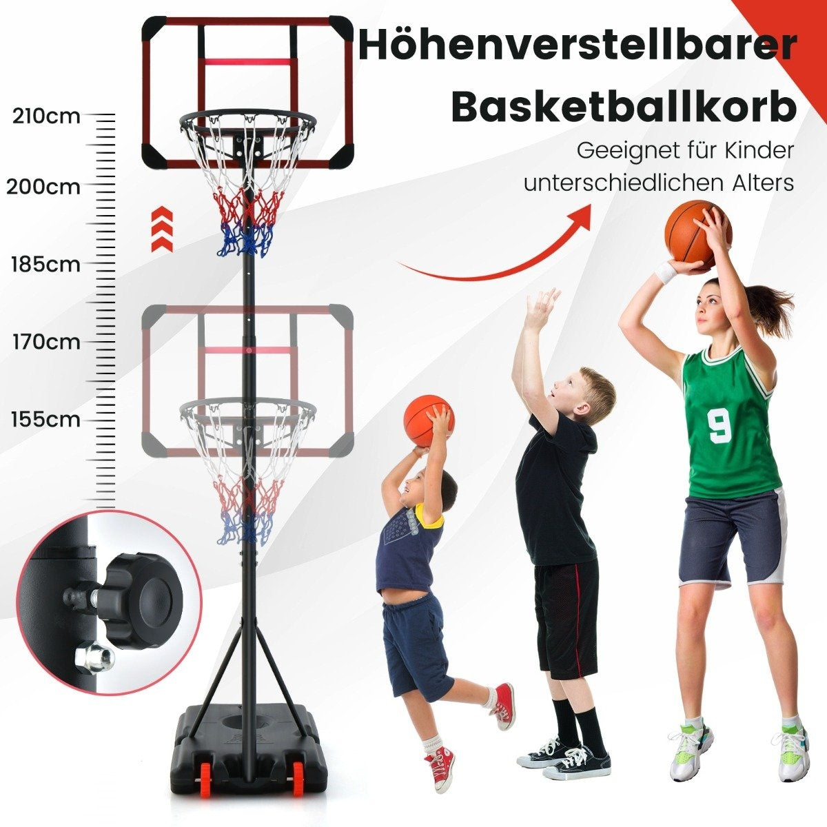 Outdoor basketball hoop with stand 155-210cm height-adjustable basketball stand black