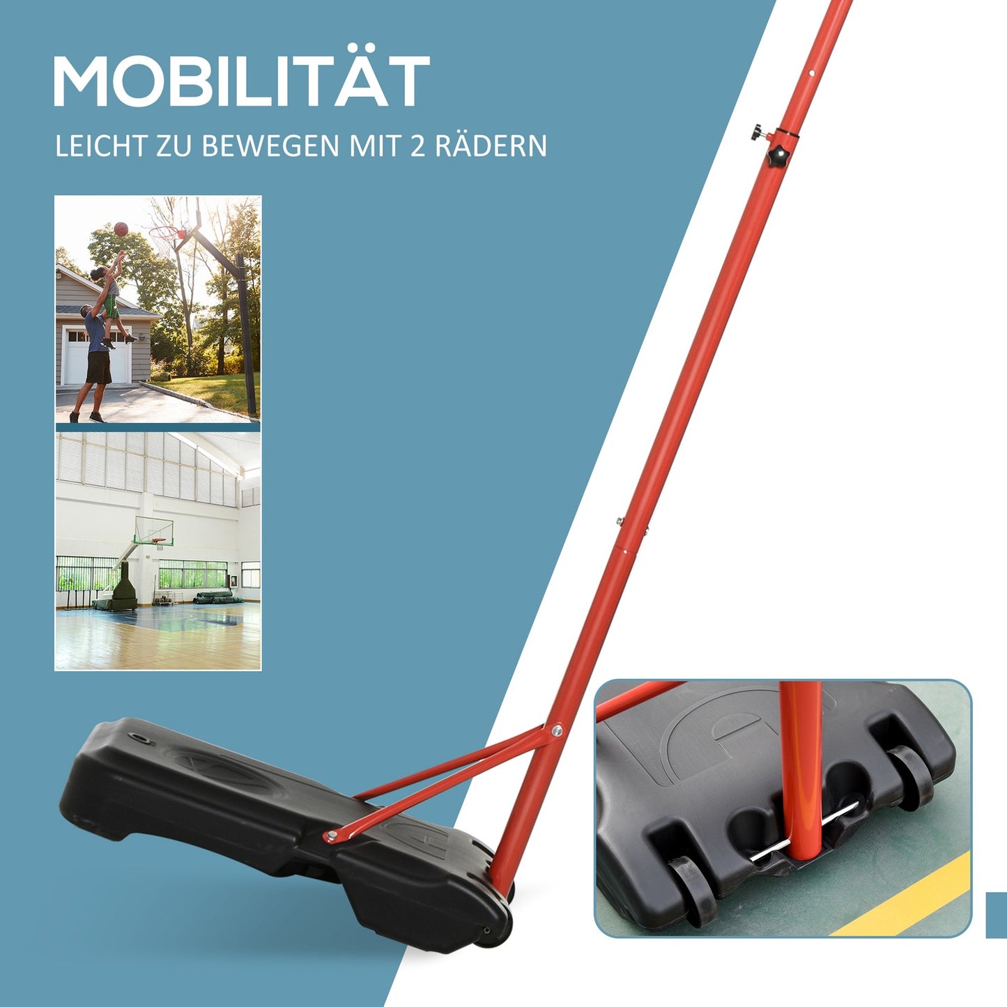 Adjustable outdoor basketball hoop with wheels - 194-249 cm