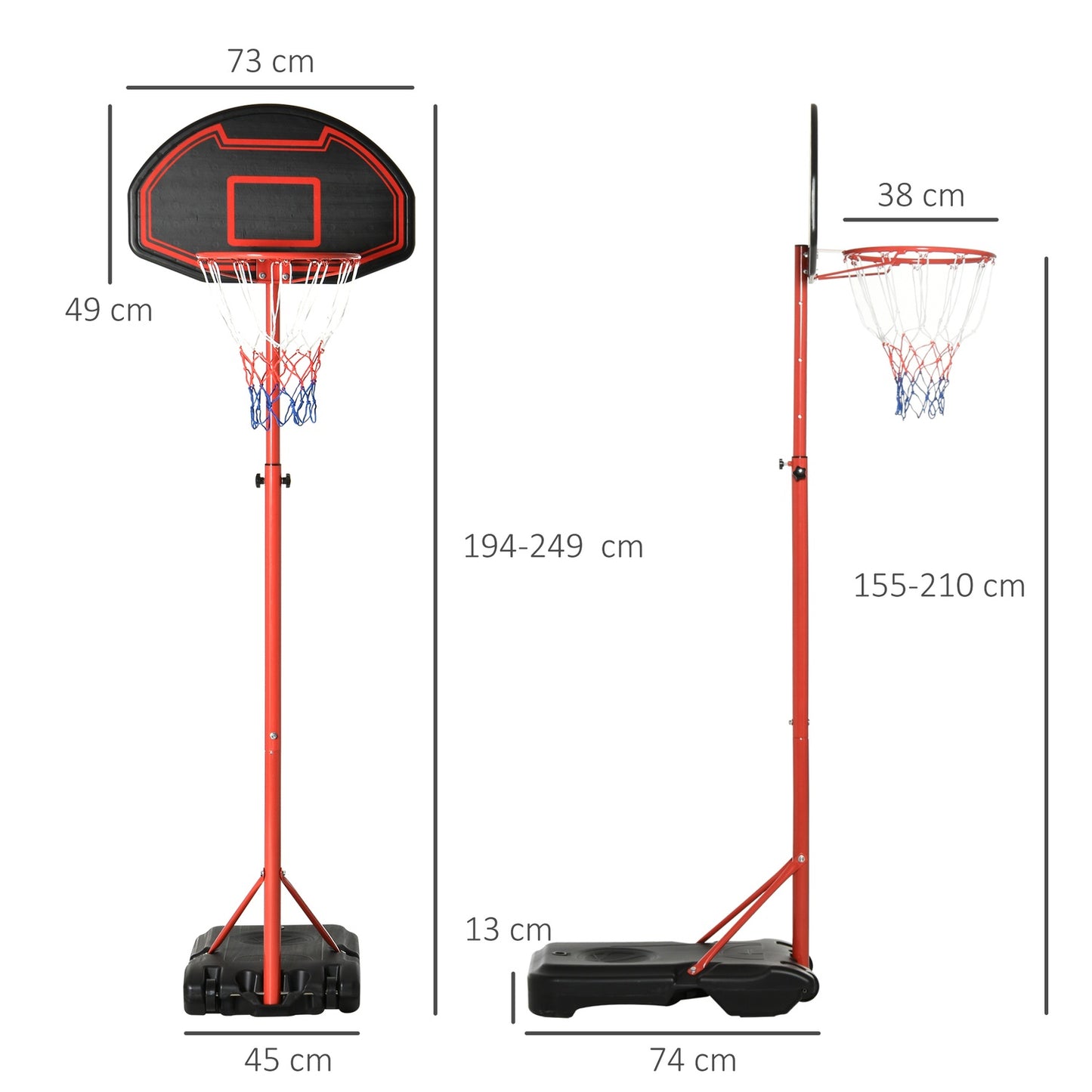 Adjustable outdoor basketball hoop with wheels - 194-249 cm