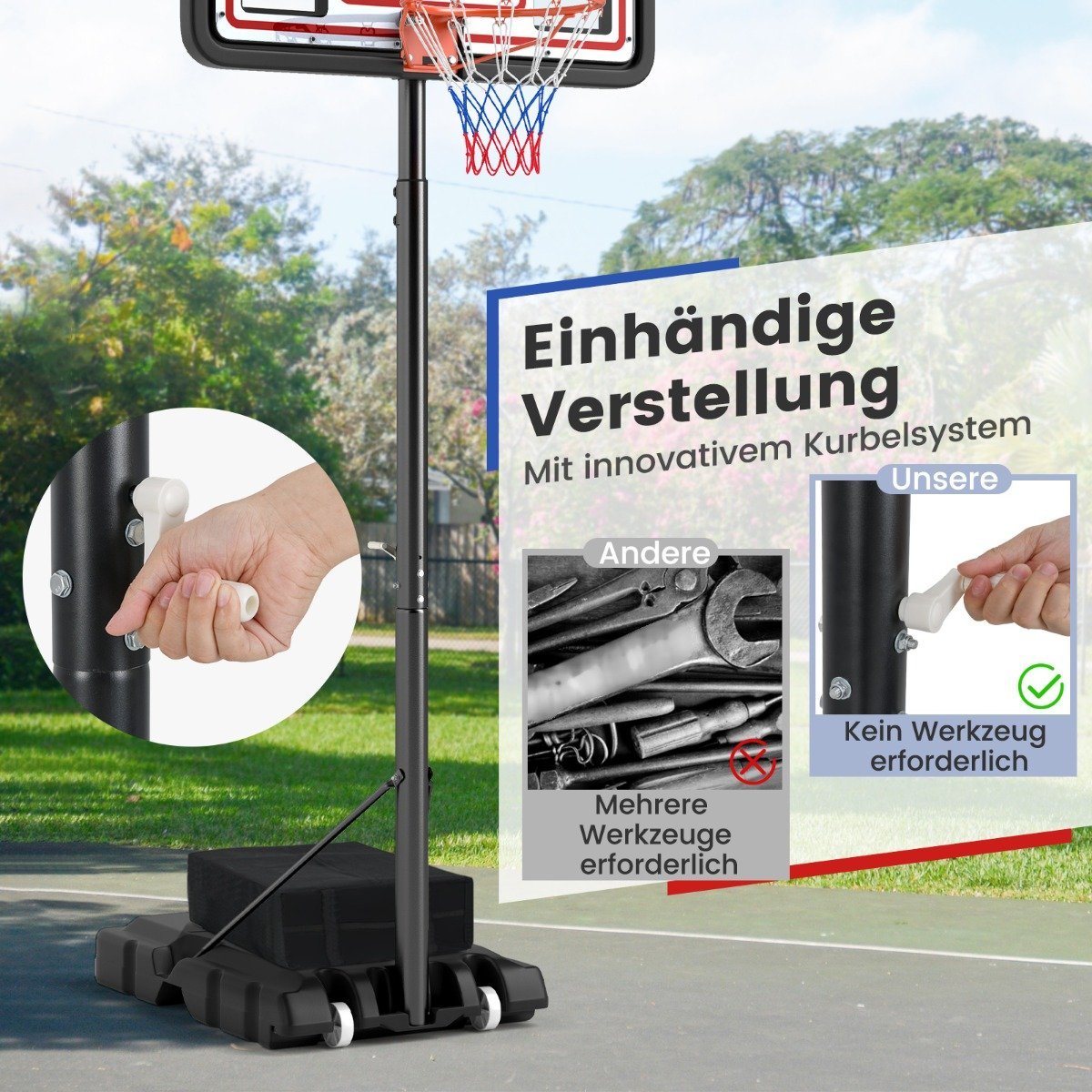 Outdoor basketball hoop with stand & hand crank & weight bag & 2 nets basketball stand