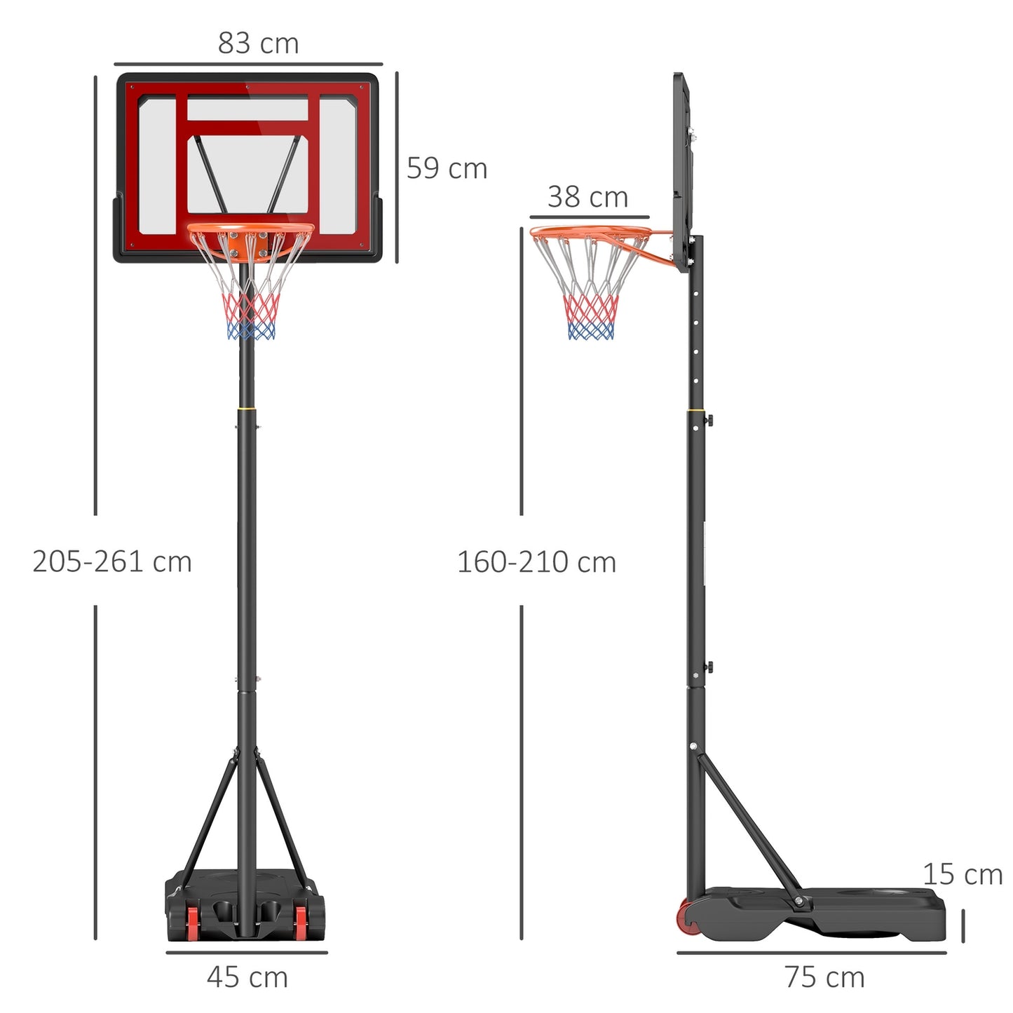 Height adjustable basketball hoop with wheels for teenagers