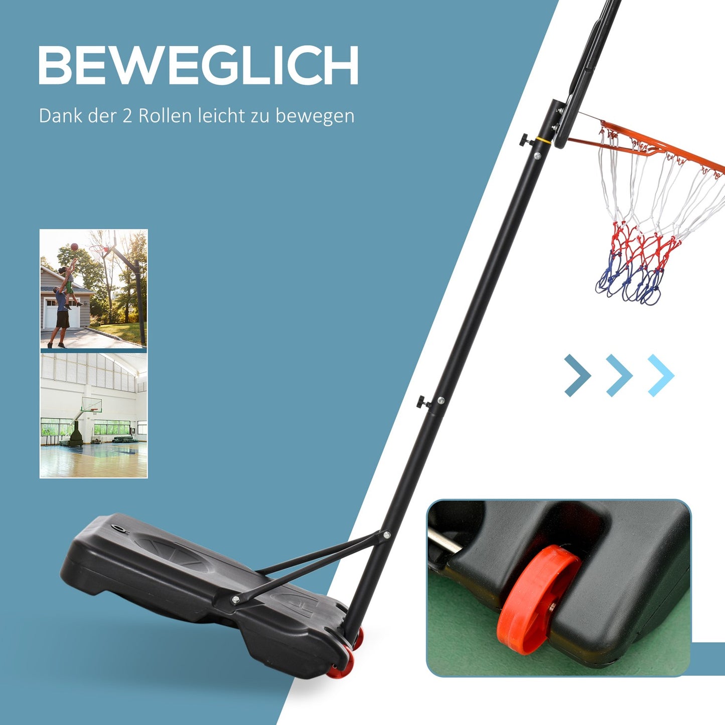 Height adjustable basketball hoop with wheels for teenagers