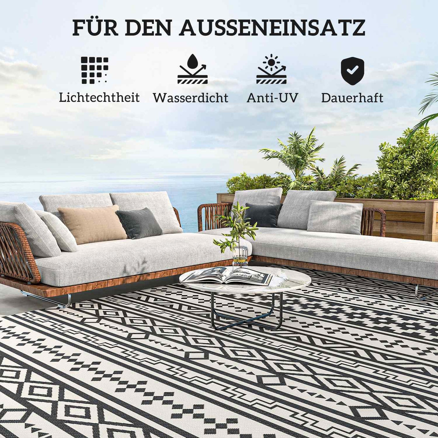 Weather resistant outdoor rug - Foldable black and white, 548x274 cm