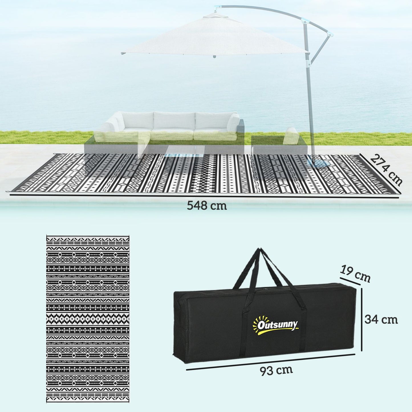 Weather resistant outdoor rug - Foldable black and white, 548x274 cm
