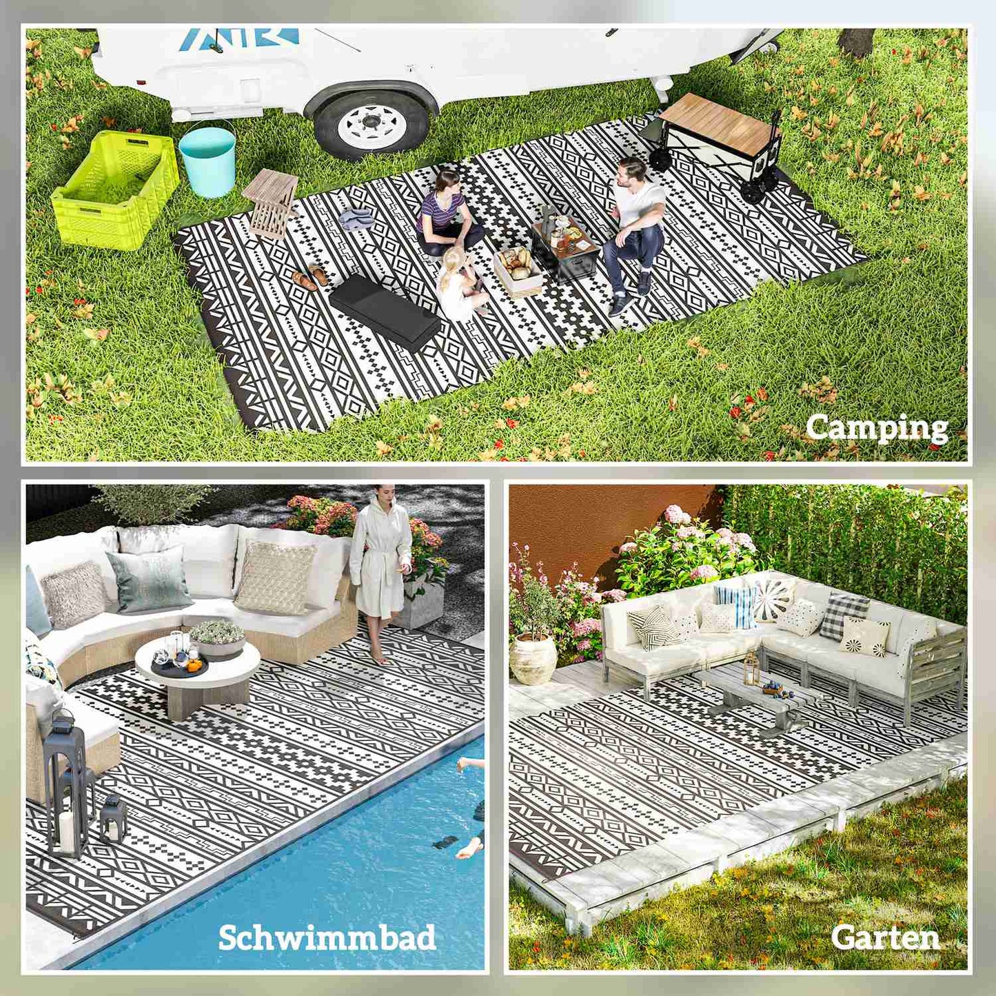 Weather resistant outdoor rug - Foldable black and white, 548x274 cm