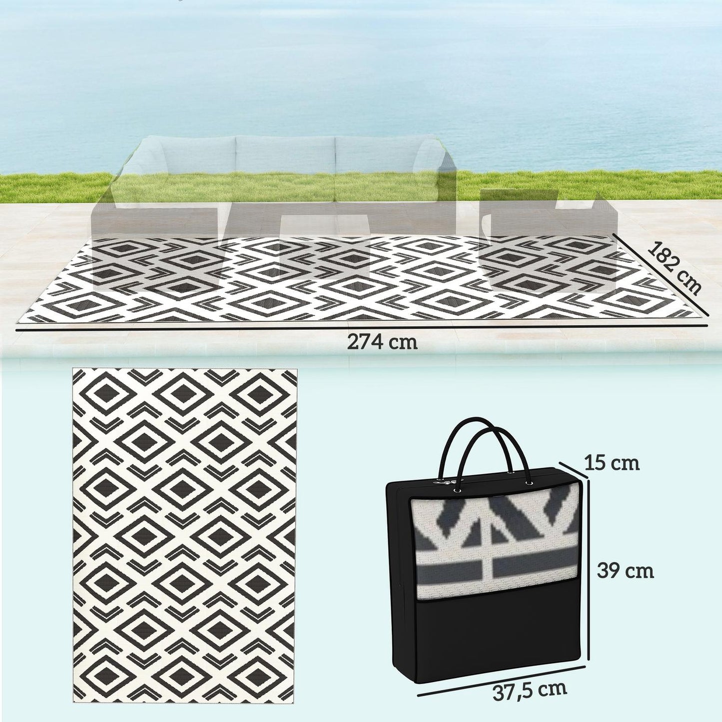 Weatherproof Boho outdoor rug, 182x274 cm, foldable