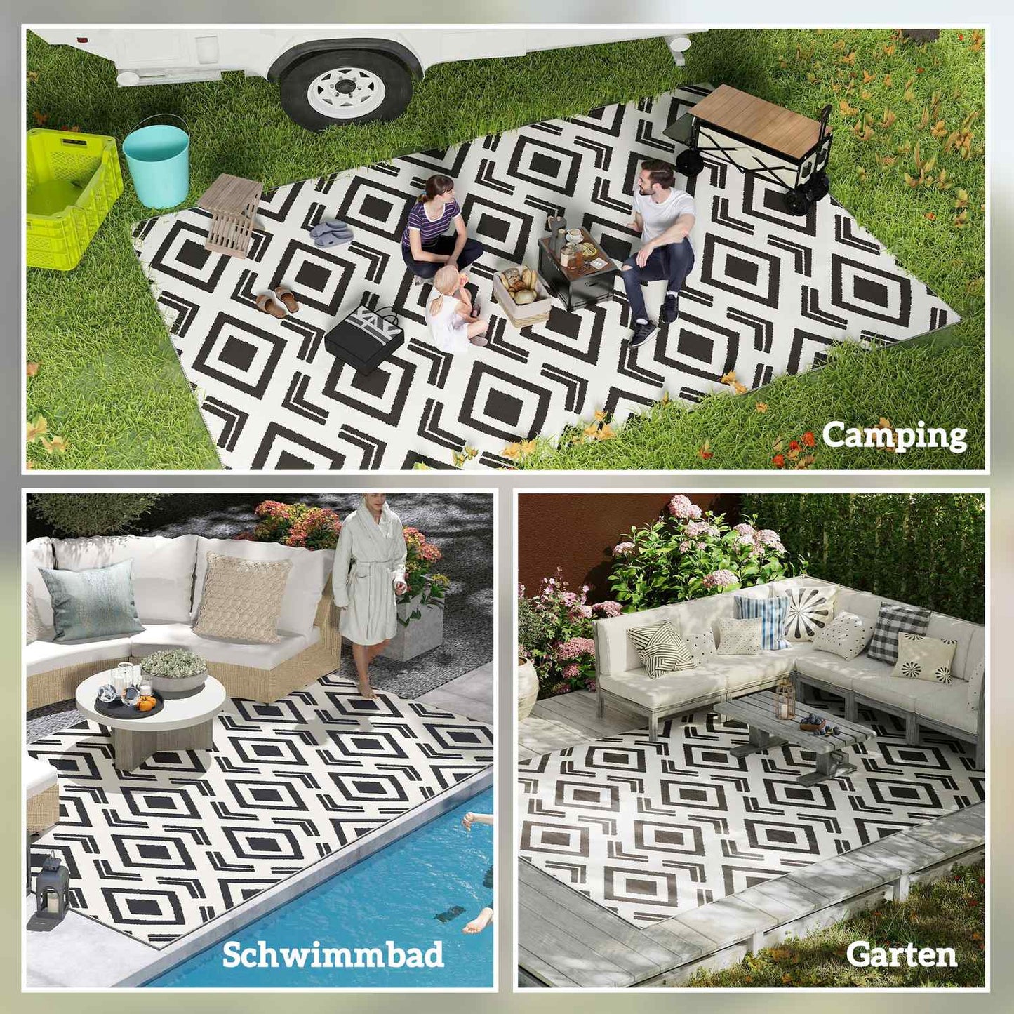 Weatherproof Boho outdoor rug, 182x274 cm, foldable
