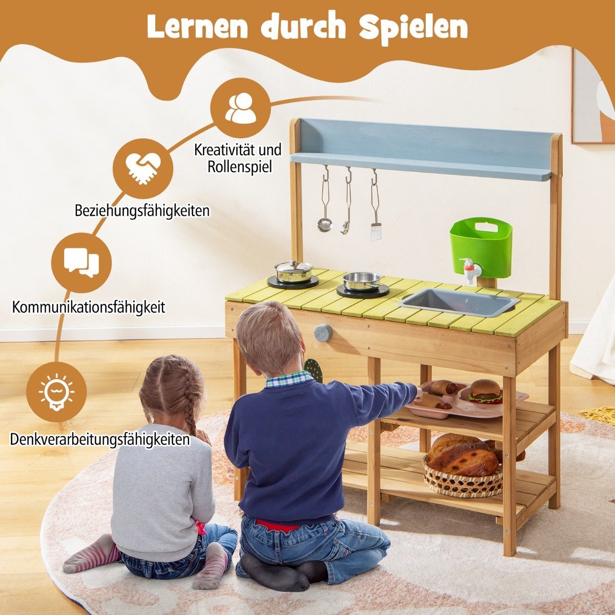 Outdoor children's mud kitchen with water function & hooks & removable shelf play kitchen