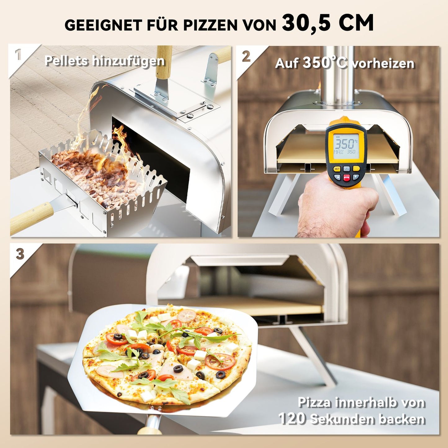 Wood-fired stainless steel pizza oven with stone, portable