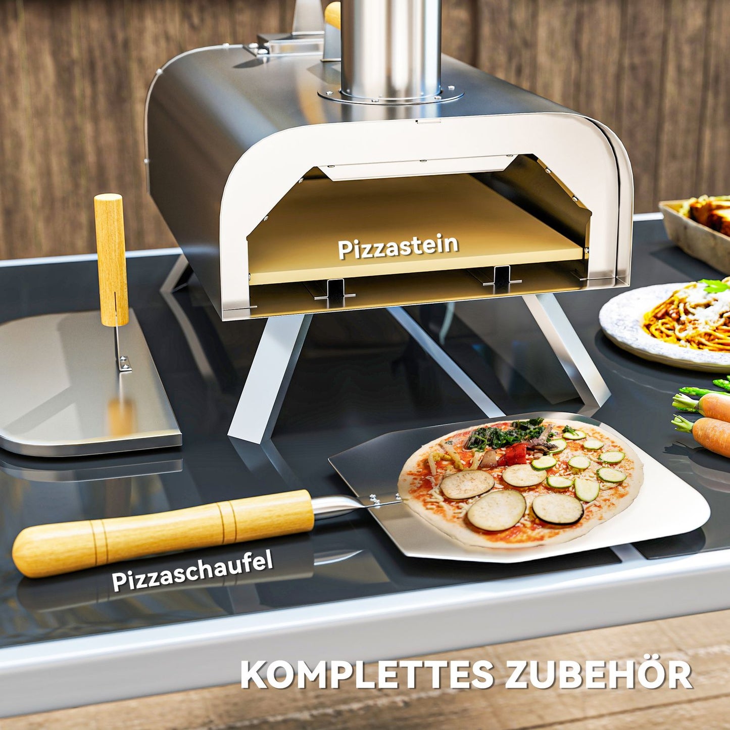 Wood-fired stainless steel pizza oven with stone, portable