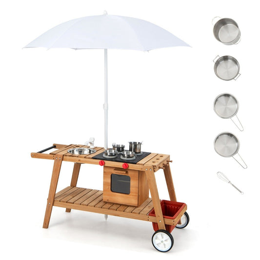 Outdoor toy trolley for children wooden toy trolley with natural parasol