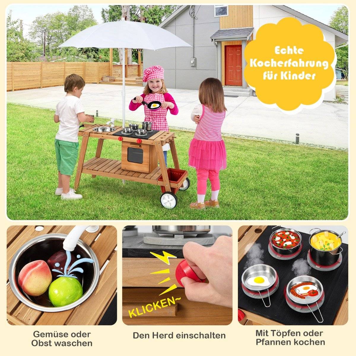Outdoor toy trolley for children wooden toy trolley with natural parasol