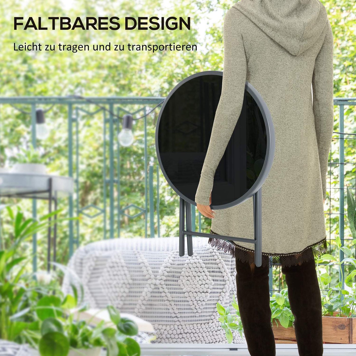Black folding glass table - Compact for balcony & living room