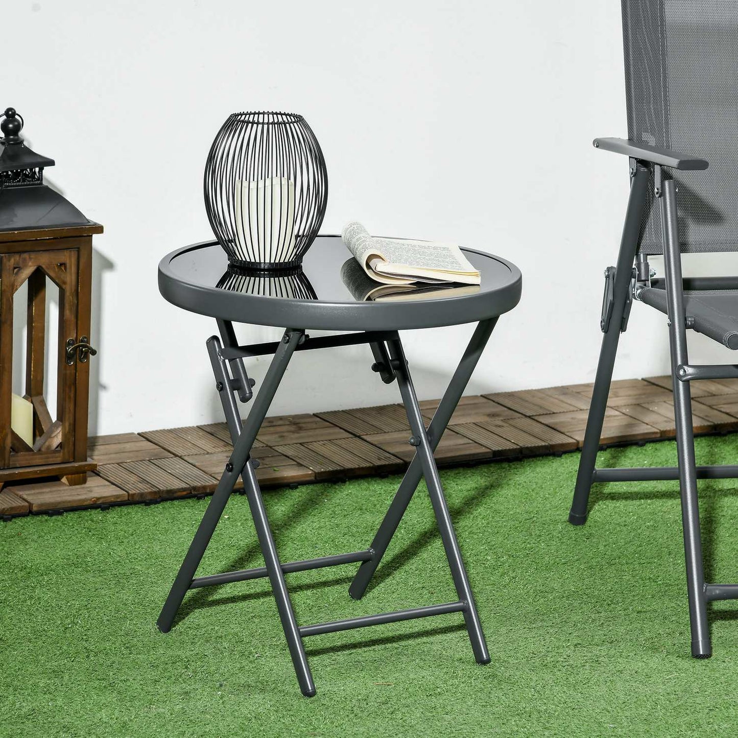 Black folding glass table - Compact for balcony & living room