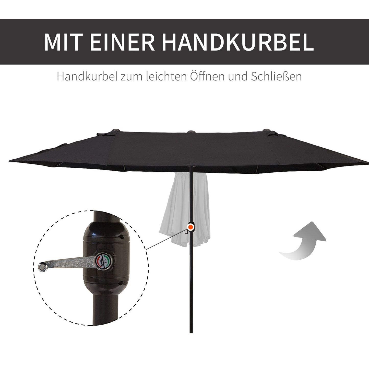 Black oval garden parasol parasol, double canopy, hand crank