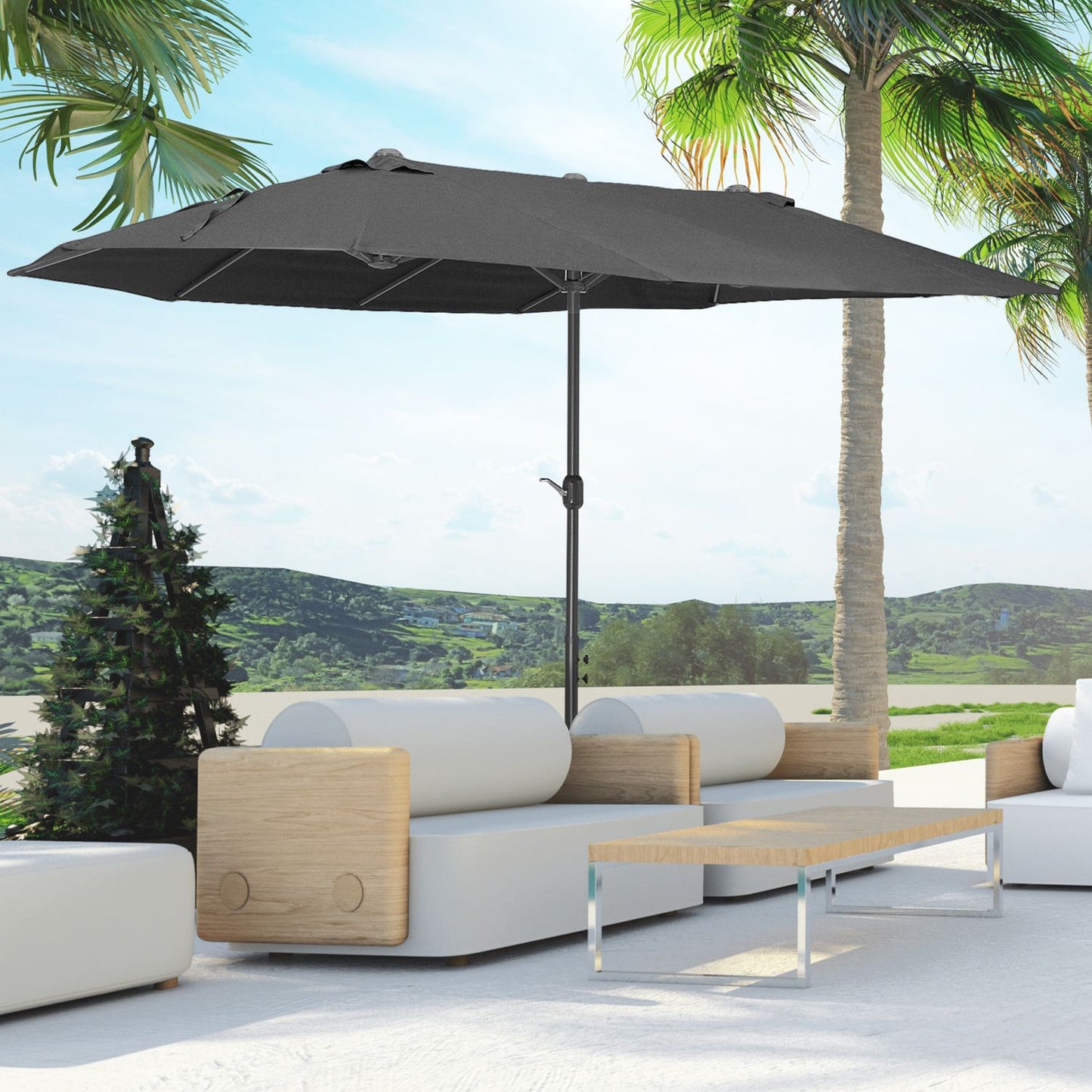 Black oval garden parasol parasol, double canopy, hand crank
