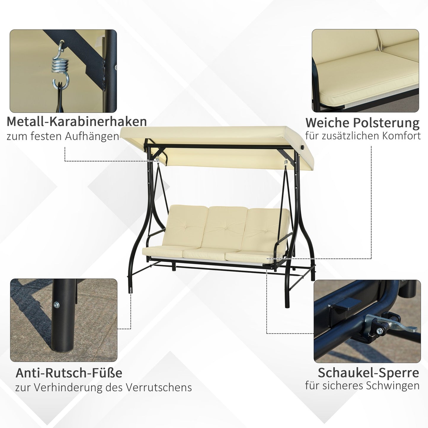 2-in-1 reclining garden swing, 3-seater, adjustable canopy