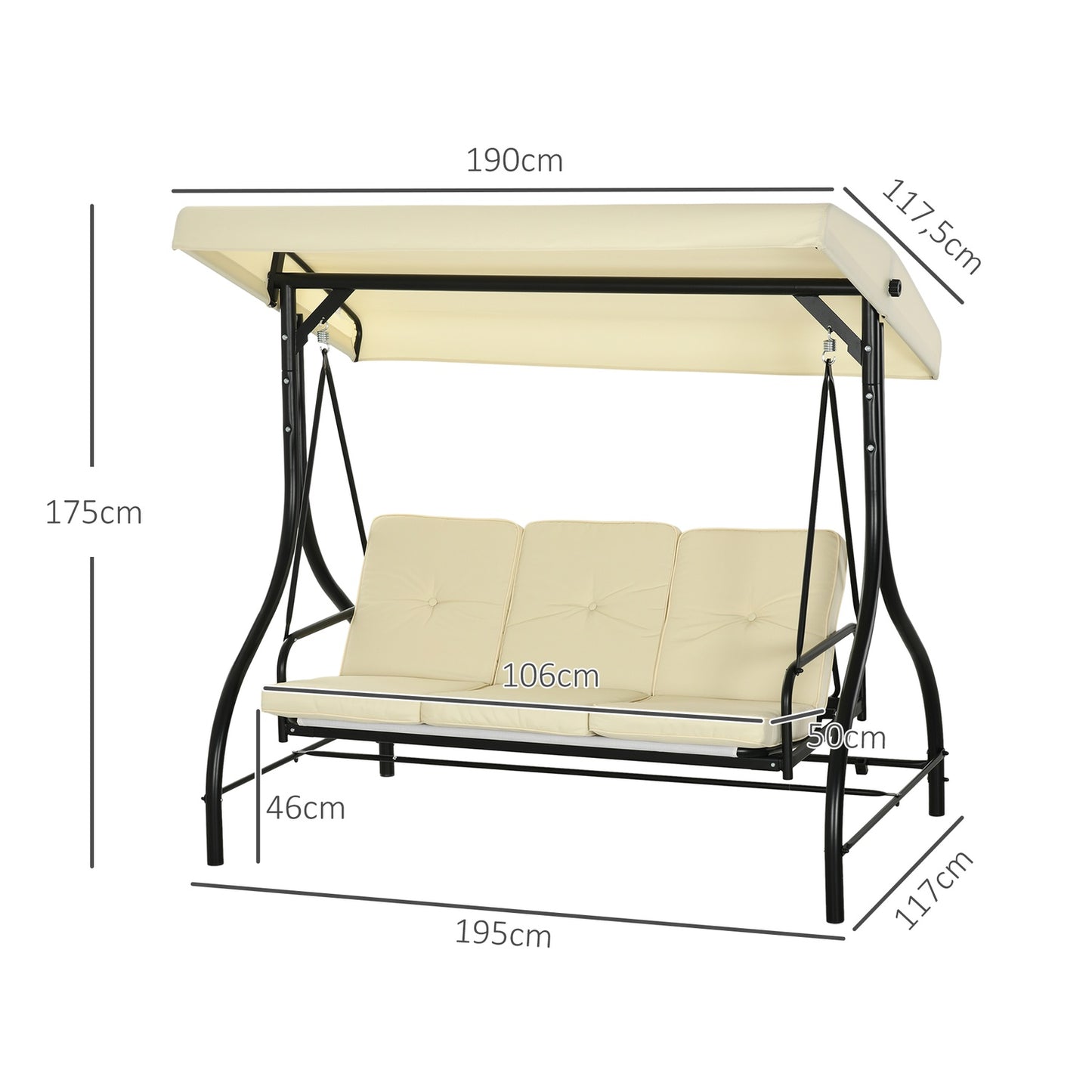 2-in-1 reclining garden swing, 3-seater, adjustable canopy