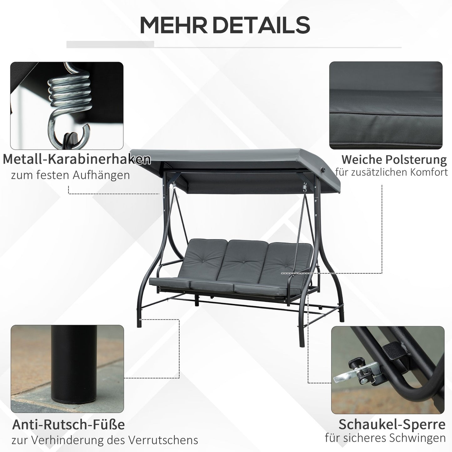 2-in-1 Reclining garden swing bench, 3-seater, dark grey