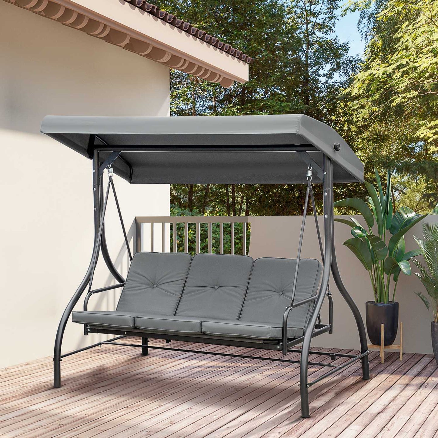 2-in-1 Reclining garden swing bench, 3-seater, dark grey