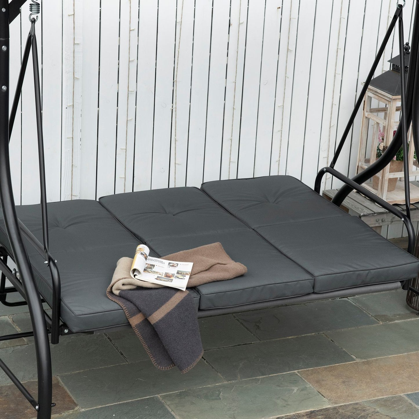 2-in-1 Reclining garden swing bench, 3-seater, dark grey