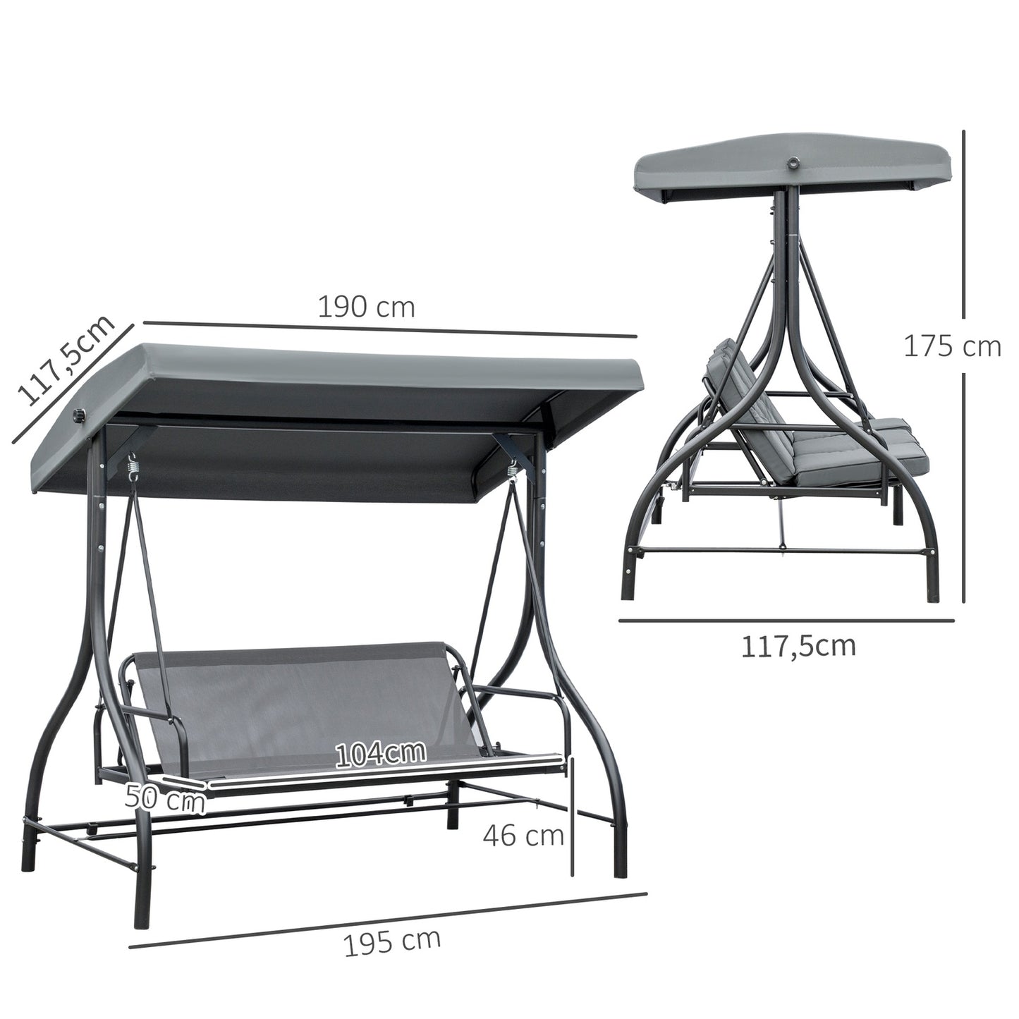 2-in-1 Reclining garden swing bench, 3-seater, dark grey