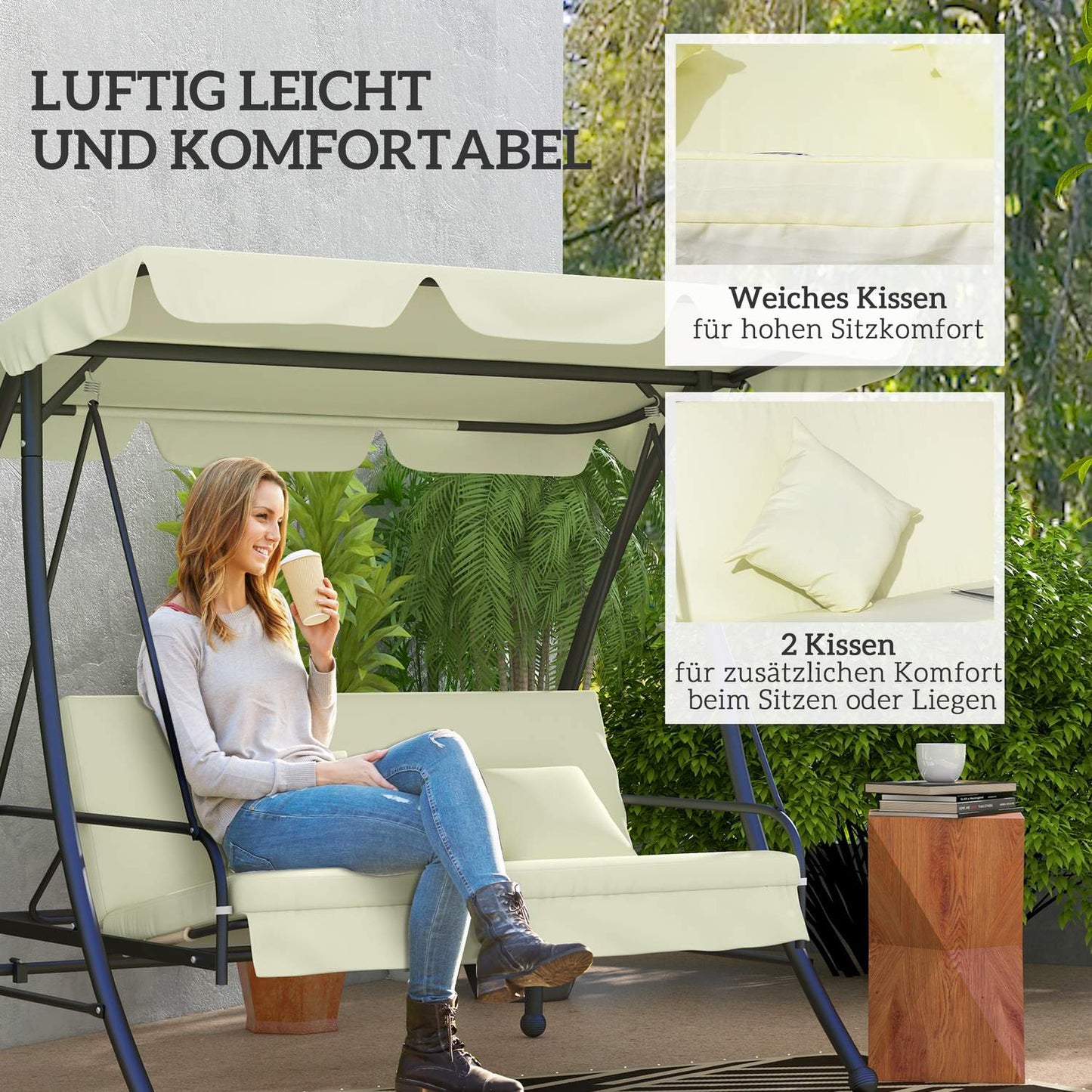 2-in-1 reclining 3-seat garden swing, cream white, 240 kg load